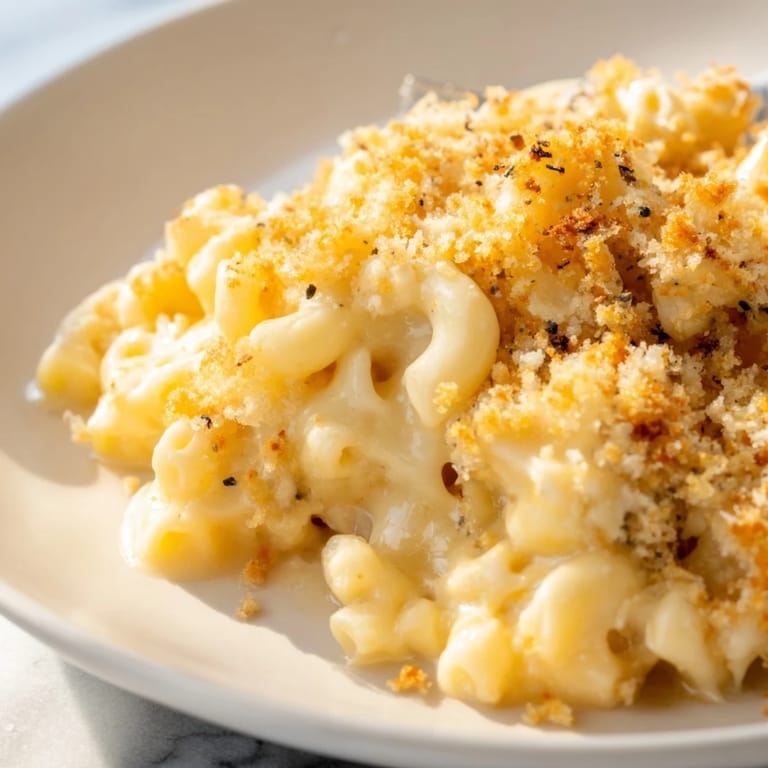 A steaming bowl of homemade macaroni and cheese is garnished with parsley, ready to be served.