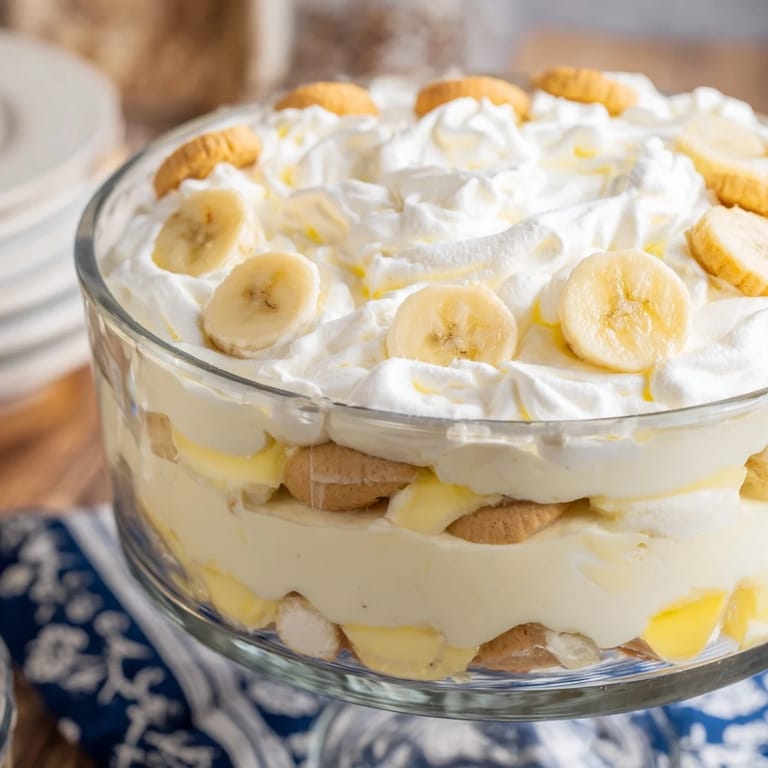 Homemade Banana Pudding served in a dessert bowl, creamy vanilla custard, nilla wafers, and ripe banana.