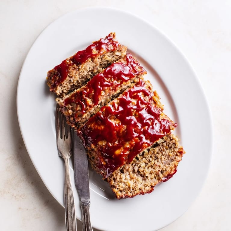 A hearty slice of homemade Meatloaf, featuring tender ground beef and sautéed onions, topped with tangy sweet glaze on a rustic plate.