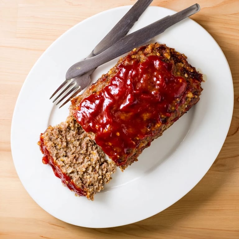Golden-brown Meatloaf fresh from the oven, resting on a baking sheet with a brush of smoky tomato glaze and fresh thyme garnish.