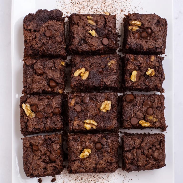 A close-up of rich brownies squares garnished with chocolate chips and walnuts.