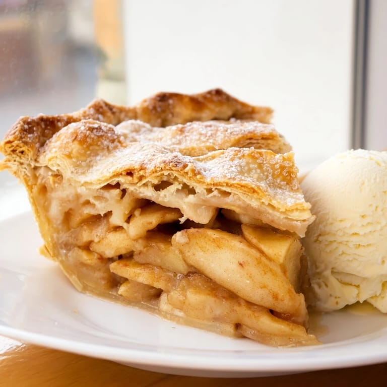 Golden Apple Pie slice revealing cinnamon apple filling, served on a rustic dessert plate.