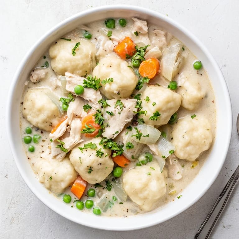 Fluffy dumplings peek out from a rustic pot of Chicken and Dumplings, garnished with fresh parsley.
