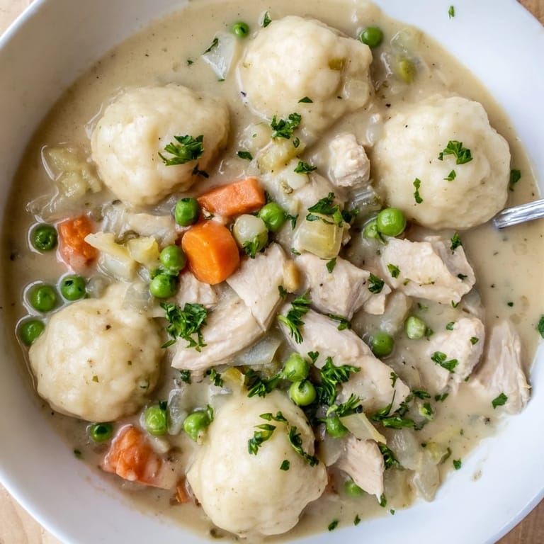 Comforting Chicken and Dumplings served hot in a white bowl, perfect for a cozy weeknight family dinner.