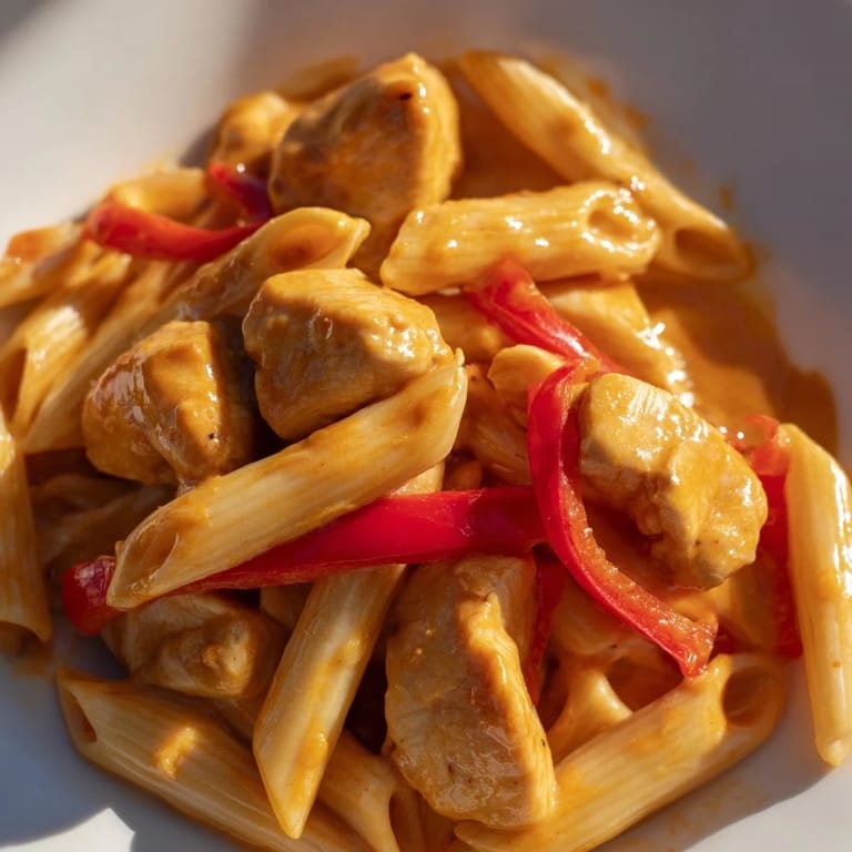 A close-up of Sweet Chili Chicken Pasta served in a white bowl, garnished with fresh cilantro, sliced green onions, and toasted sesame seeds.