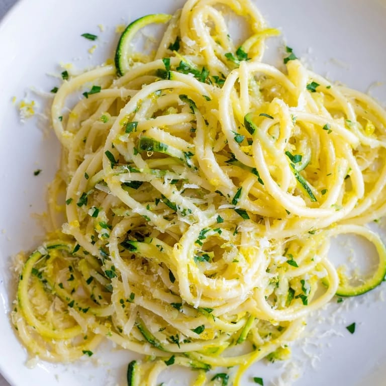 A close-up of a steaming bowl of Lemon Zucchini Pasta, showcasing tender zucchini ribbons and a glossy butter sauce flecked with lemon zest.