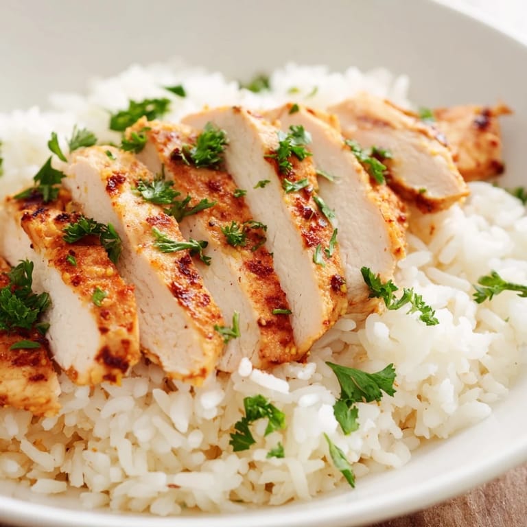 Close-up of garlic butter rice with juicy grilled chicken, highlighting the steam, golden grains, and a squeeze of fresh lemon on top.