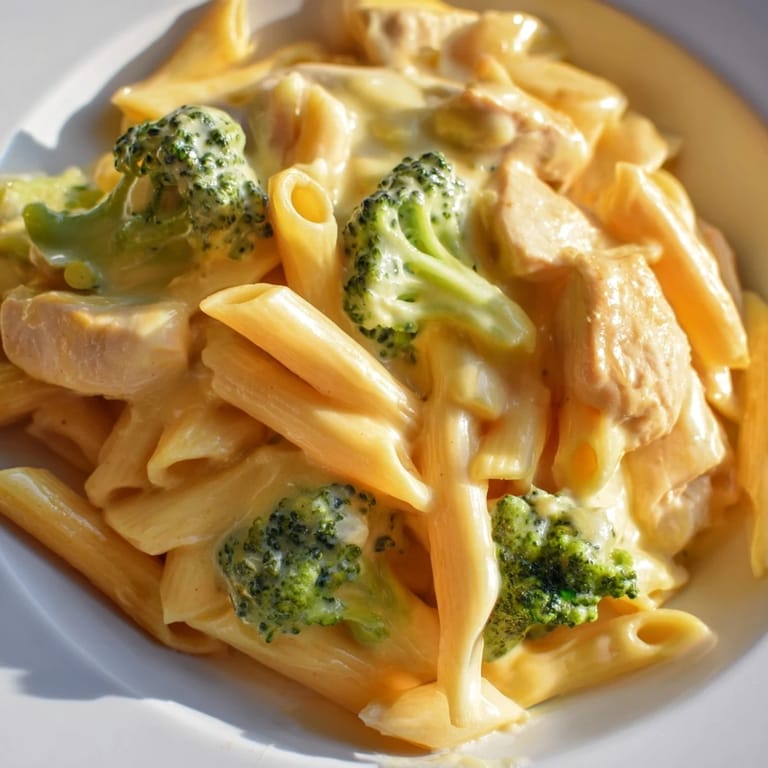 Comforting family-style Chicken Broccoli Cheddar Pasta features golden chicken, vibrant green broccoli, and a rich, velvety cheese sauce.