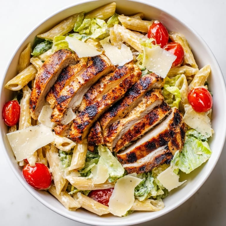 Overhead view of Spicy Chicken Caesar Pasta in a white bowl, showing cherry tomatoes, croutons, and a drizzle of Caesar dressing.