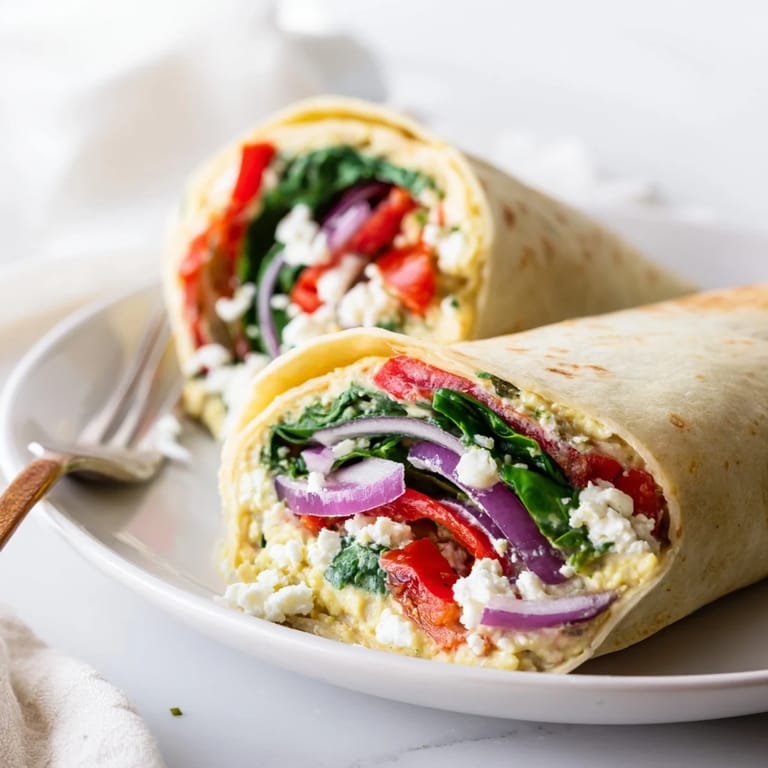 Close-up of a Mediterranean Veggie Wrap with fresh spinach leaves, sliced roasted red peppers, and crumbled feta cheese, ready for a quick vegetarian lunch or picnic.