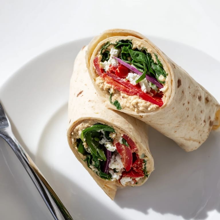 Freshly prepared Mediterranean Veggie Wrap cut in half on a wooden cutting board, displaying layers of colorful vegetables and creamy hummus filling.