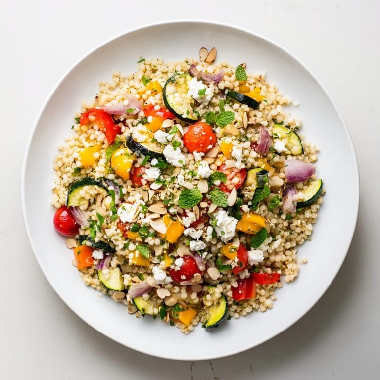 Golden roasted vegetables and fluffy couscous come together in this Roasted Veggie Couscous Salad, finished with fresh herbs and pine nuts.
