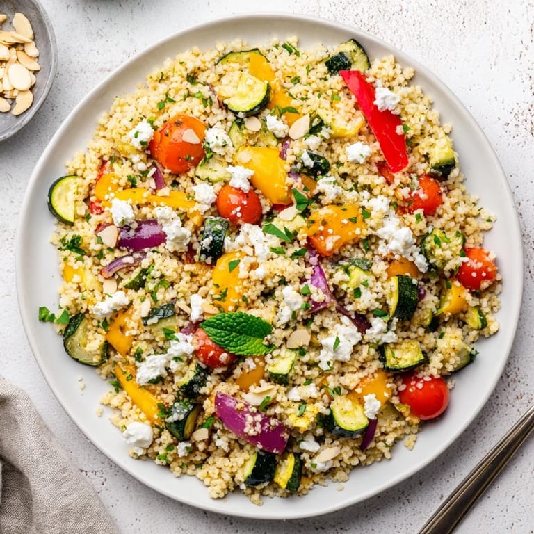 Spoonful of Roasted Veggie Couscous Salad featuring tender roasted veggies, crumbled feta, and toasted almonds, served warm or at room temperature.