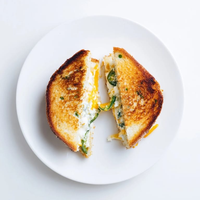 A close-up view of a Jalapeño Popper Grilled Cheese, melted cheese oozing from crispy, buttery bread beside a small bowl of tomato soup.  
