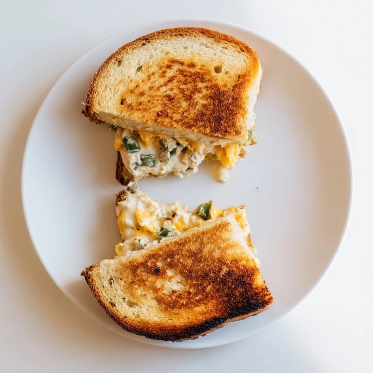 A vibrant, steaming slice of Jalapeño Popper Grilled Cheese reveals spicy peppers and gooey cheese layers on a rustic wooden board.