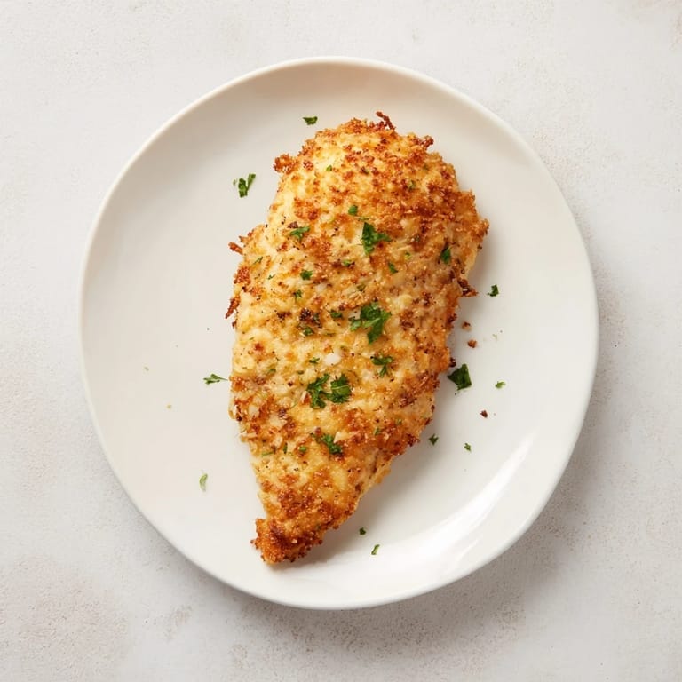 Tender baked chicken coated in savory garlic butter and Parmesan, served alongside a fresh green salad for a complete, comforting meal.
