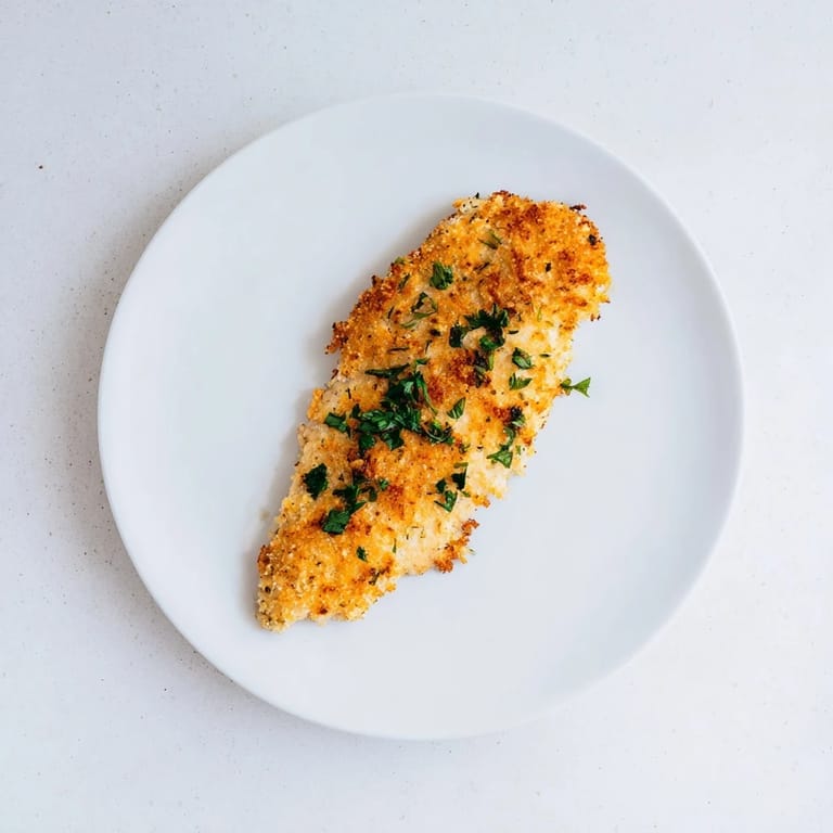 Golden-brown roasted garlic Parmesan chicken breasts, sliced to reveal juicy white meat, with melted butter and herb crumbs on a rustic plate.