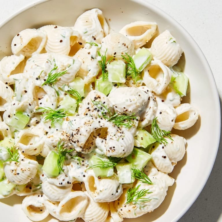 A close-up of Cucumber Crunch Pasta Salad, showcasing crisp diced cucumbers, green onions, and creamy dressing in shell pasta.