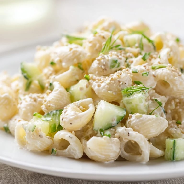 Tossed and chilled Cucumber Crunch Pasta Salad, ready to serve, topped with everything bagel seasoning for a savory crunch.