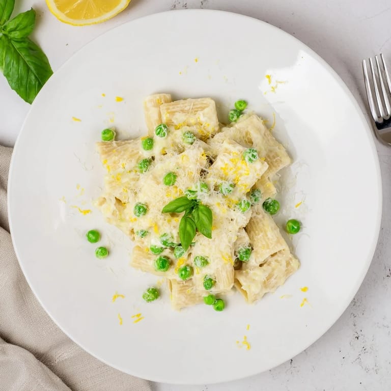 Served warm, the Pea & Lemon Ricotta Pasta shines with olive oil, grated Parmesan, and mint leaves beside a rustic bread slice.