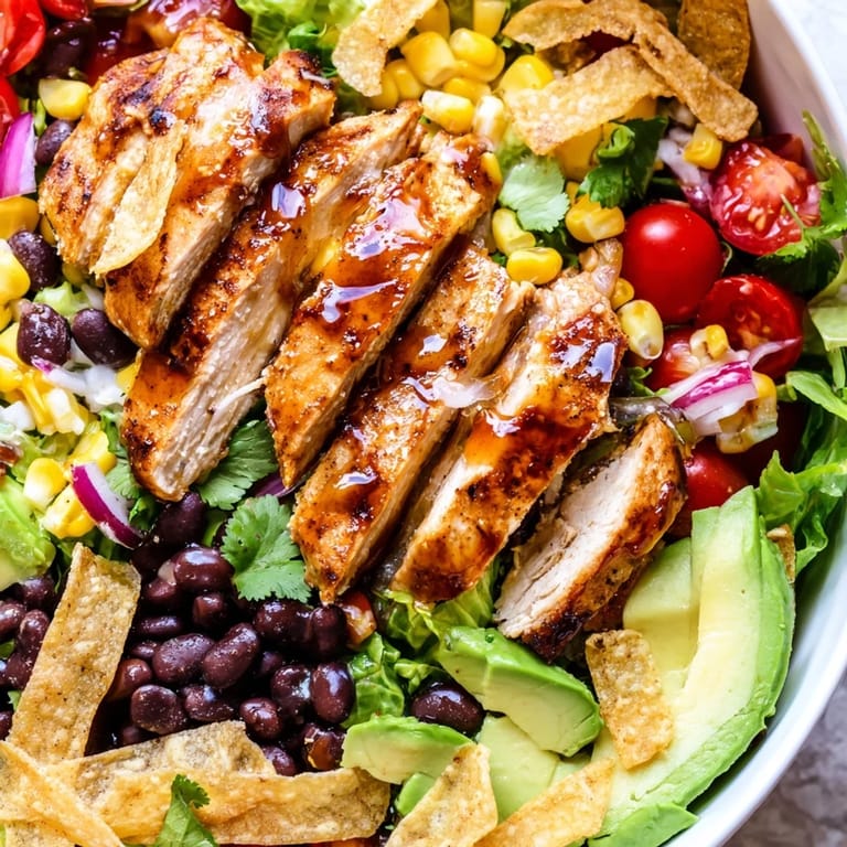 A colorful bowl of honey lime chicken taco salad features marinated grilled chicken, cherry tomatoes, red onion, and fresh cilantro garnish ready to serve.