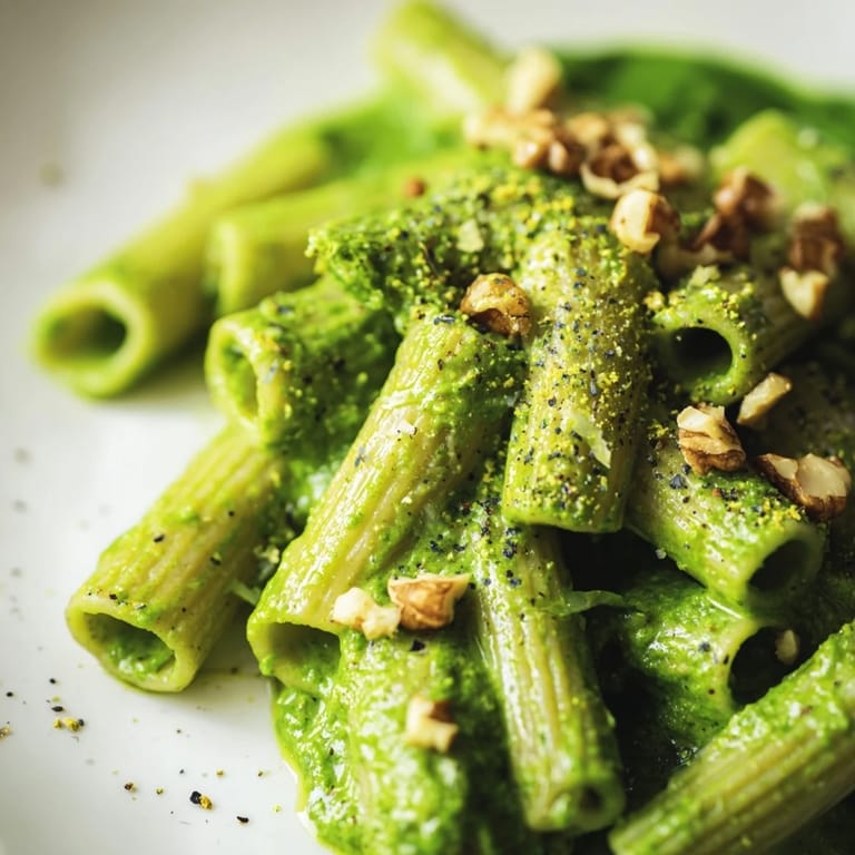 Overhead view of creamy spinach walnut pasta served warm, with a drizzle of olive oil and herbs.