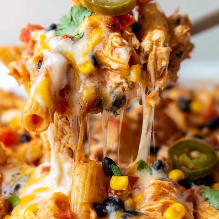 Garnished slice of Chicken Burrito Pasta Bake topped with fresh cilantro, jalapeños, and a lime wedge.