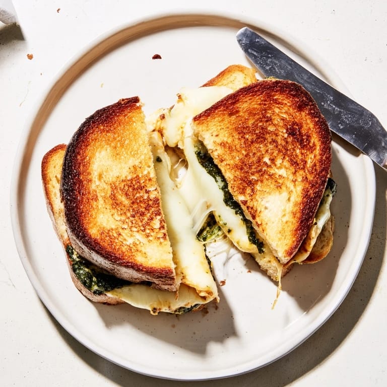 Golden sourdough bread sandwiched with basil pesto and sharp cheddar, sliced to reveal the gooey cheese pull.