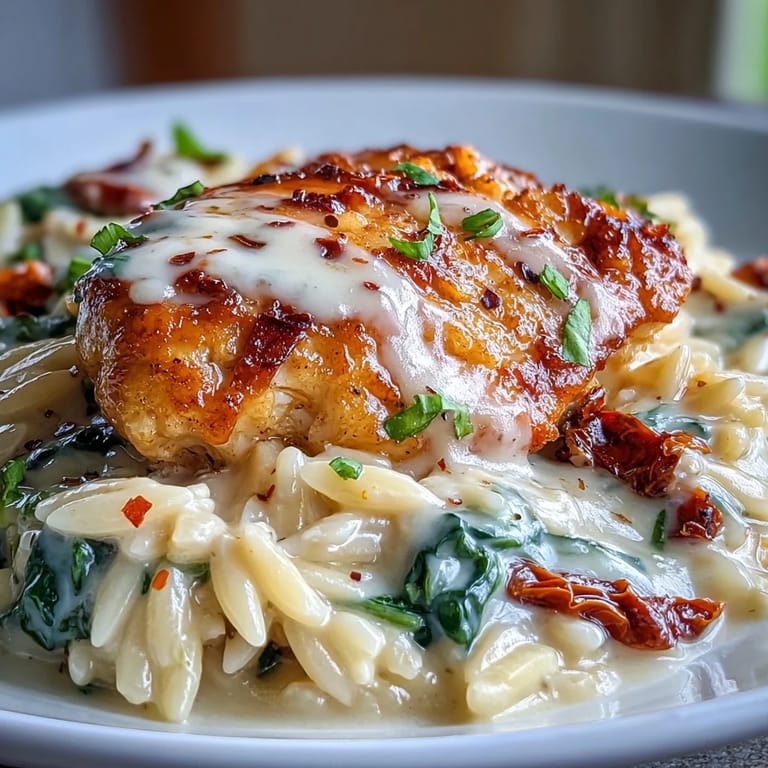 One-pan Tuscan Chicken Orzo with tender chicken and savory sauce, perfect for dinner.