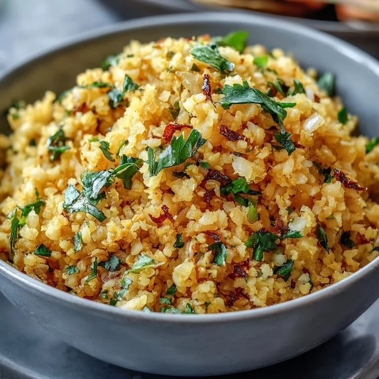 Steaming bowl of turmeric cauliflower rice, seasoned with cumin, perfect for plating.