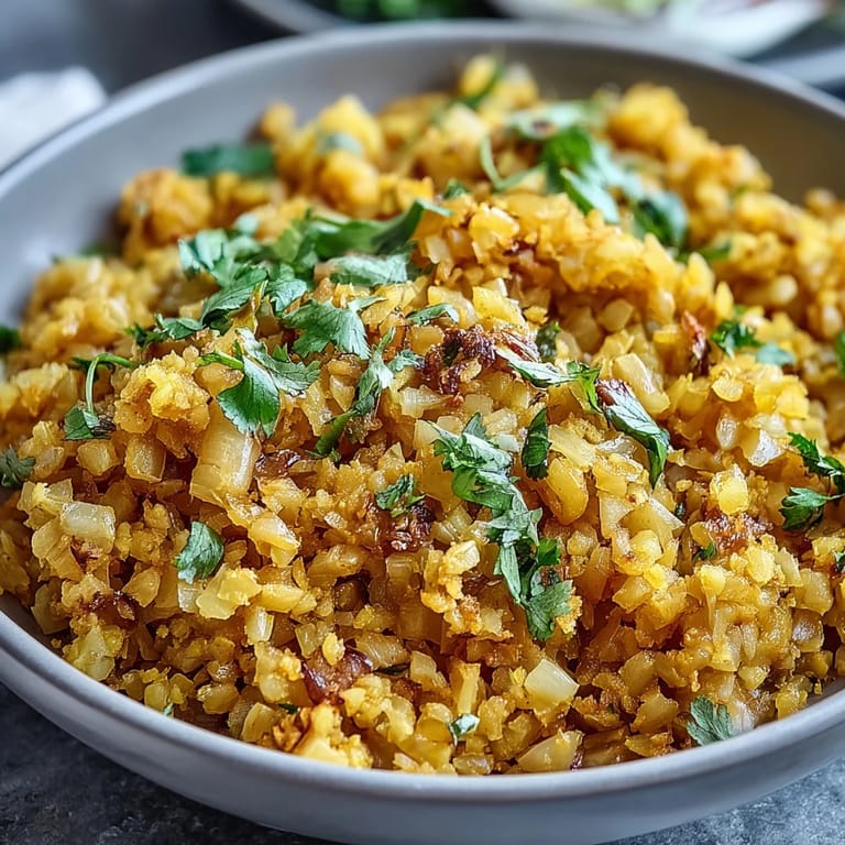 Fluffy turmeric cauliflower rice, a fragrant, flavorful vegan alternative to rice.