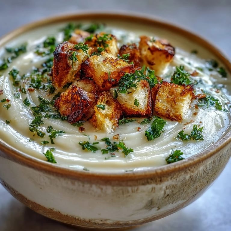 Comforting roasted garlic soup, a warm, creamy bowl perfect for chilly evenings.