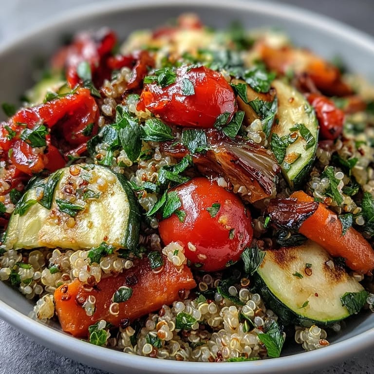 Vibrant quinoa vegetable pilaf, featuring tender roasted veggies and fresh herbs, ready to serve.