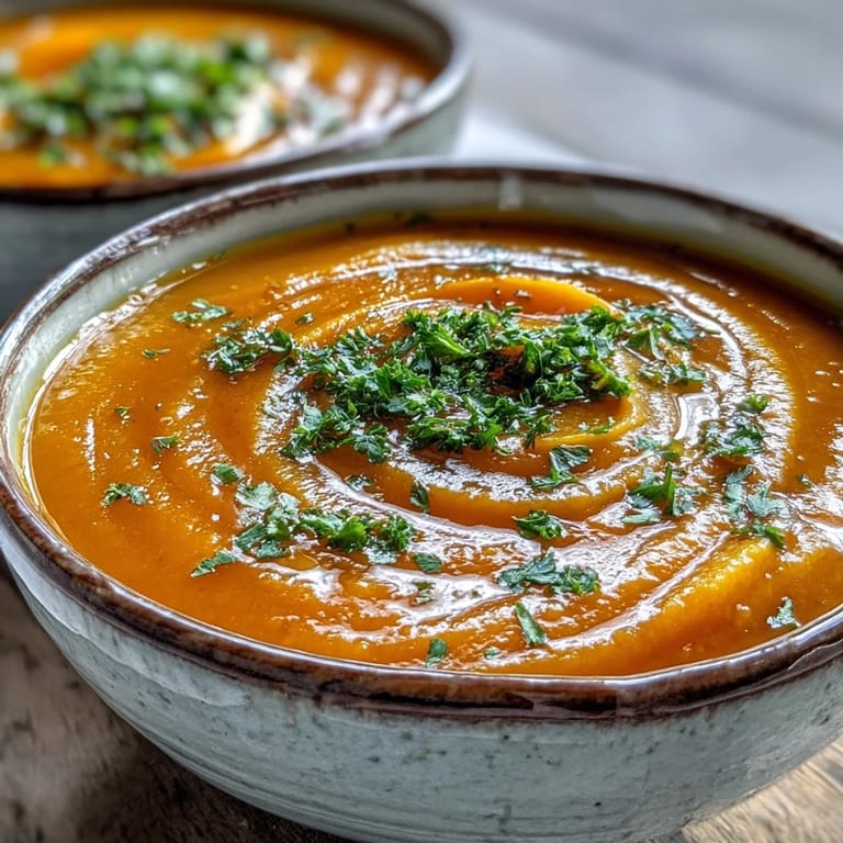 Warming Carrot Ginger Soup, beautifully blended with fresh ginger and ready to garnish.