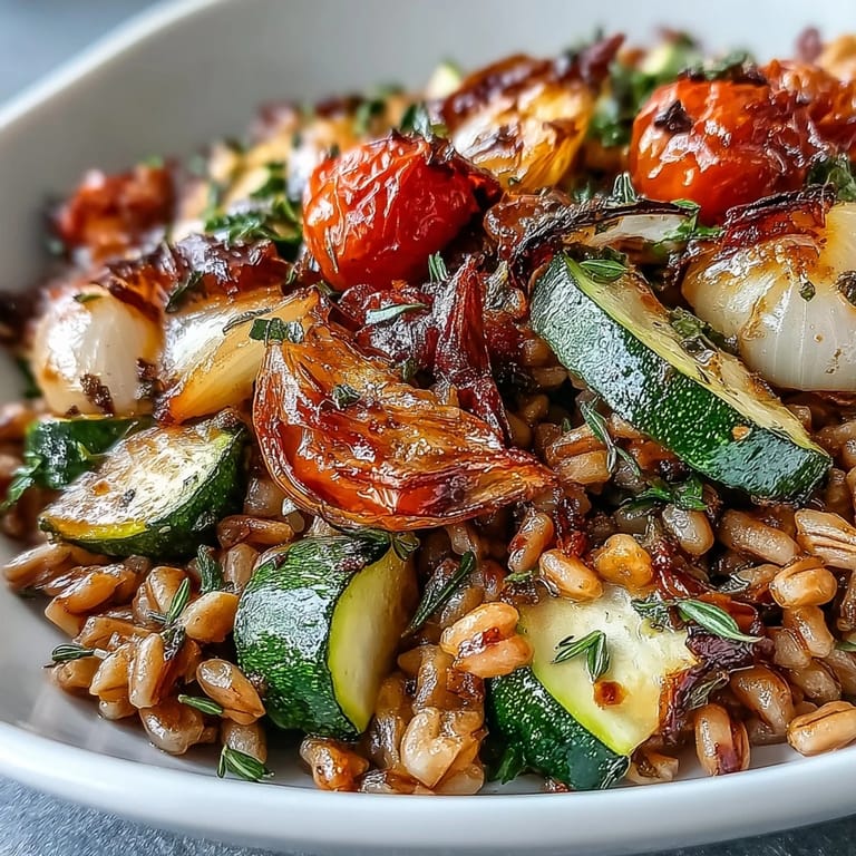 Hearty Farro With Roasted Vegetables, a colorful, rustic bowl of goodness.