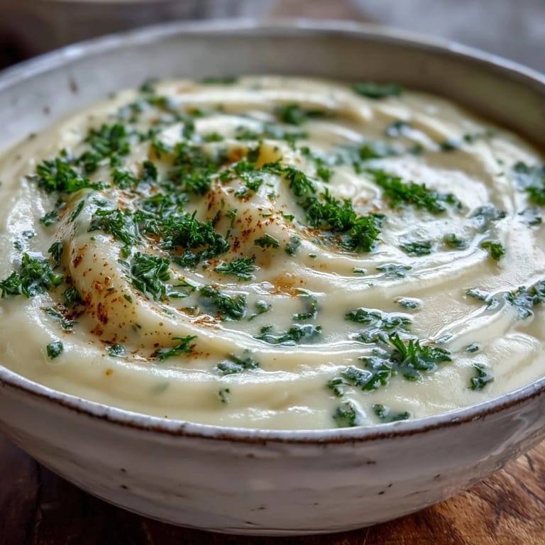 Silky Parsnip and Herb Soup, topped with fresh parsley and chives.