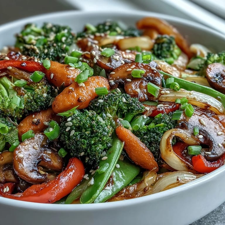 Aromatic Ginger Stir-Fried Vegetables topped with sesame seeds and green onions.