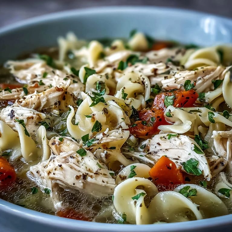Cozy Instant Pot Chicken Noodle Soup garnished with fresh parsley, served in a rustic ceramic bowl beside a spoon for a comforting weeknight meal.  