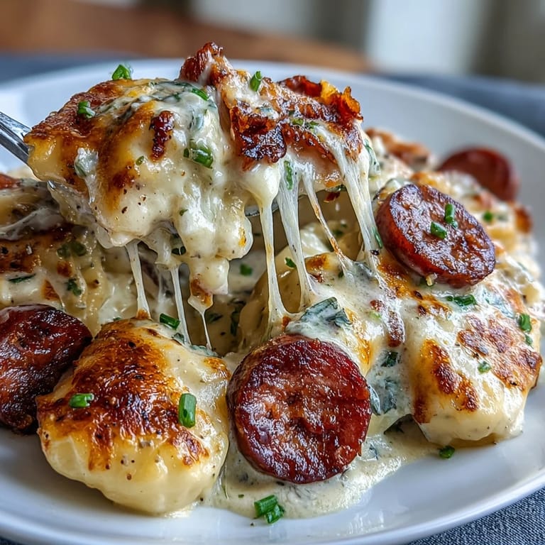 Creamy Crockpot Pierogi Casserole With Kielbasa is garnished with fresh chives and ready to serve.