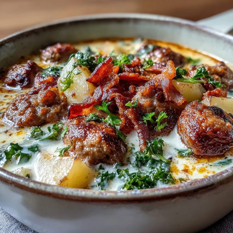 Close-up view of Italian Sausage Soup with swirls of cream, savory sausage crumbles, and fresh kale.
