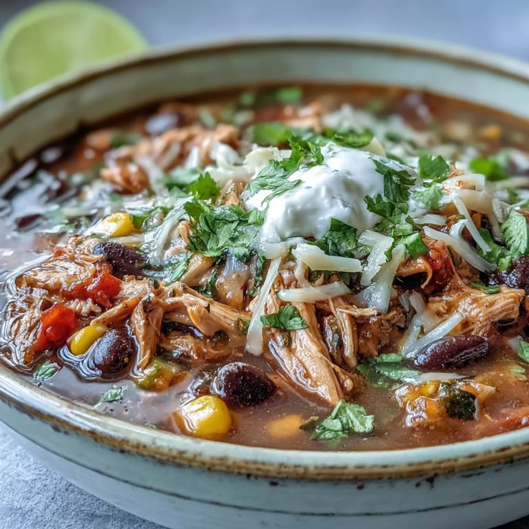 Top-down view of Instant Pot Chicken Tortilla Soup topped with melted cheese and a dollop of sour cream.