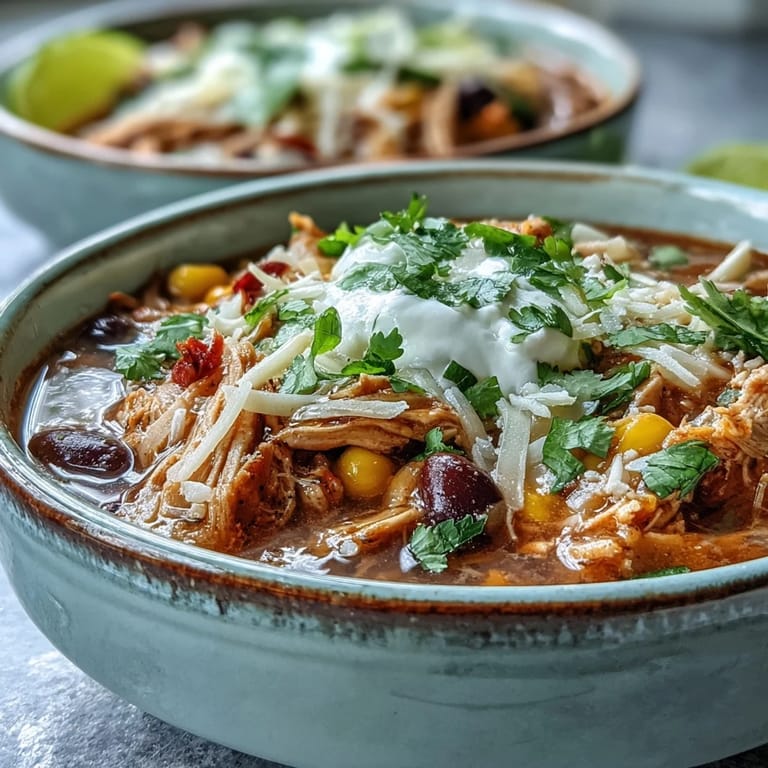 Close-up of Instant Pot Chicken Tortilla Soup with shredded chicken, black beans, and vibrant corn.