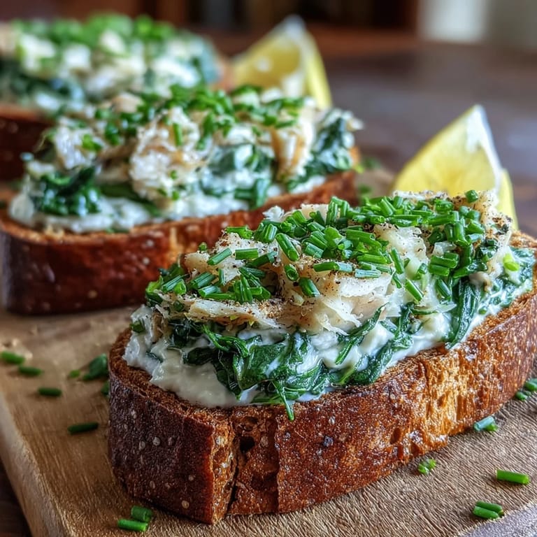Savory smoked haddock and spinach rye toasts served hot with fresh lemon wedges for brightness.