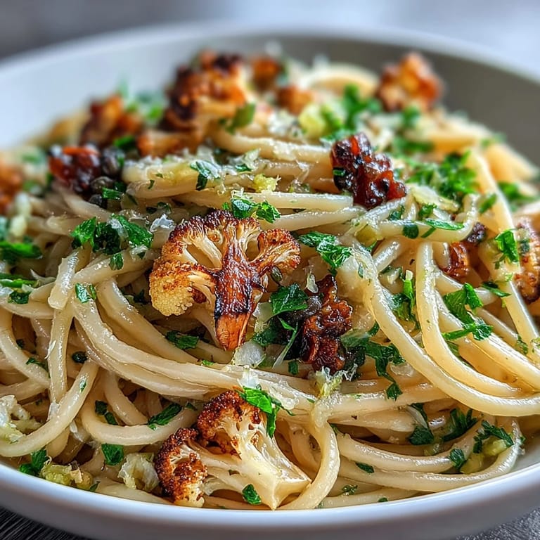 Close-up view of whole wheat spaghetti tossed with golden roasted cauliflower, anchovy fillets, and plump raisins in a skillet.