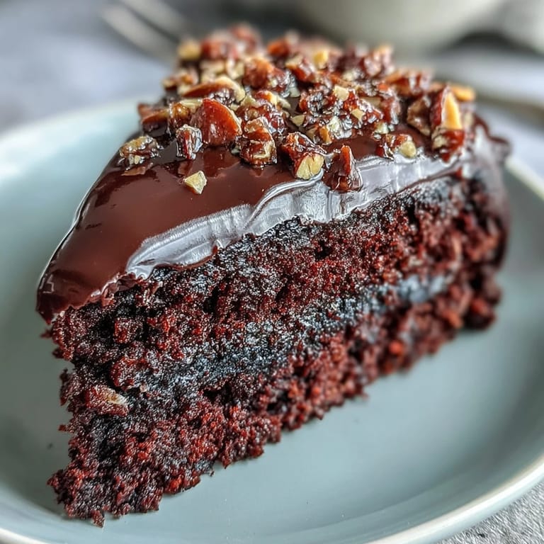 Rich Chocolate Celebration Cake drizzled with chocolate ganache, garnished with praline shards, and served with a glass of milk.