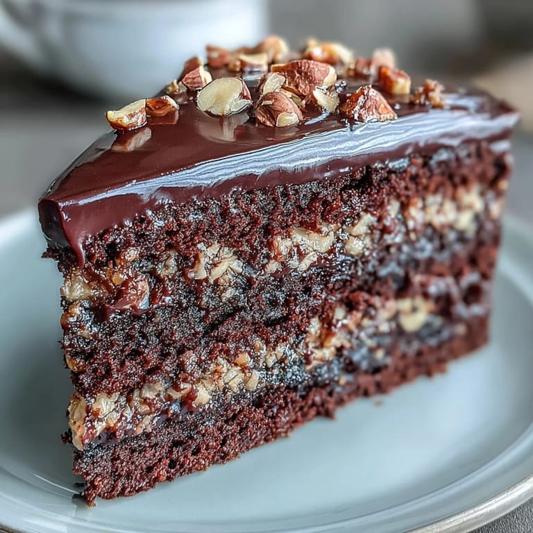 Whole Chocolate Celebration Cake layered with ganache and hazelnut praline, presented on a cake stand with a vintage knife.