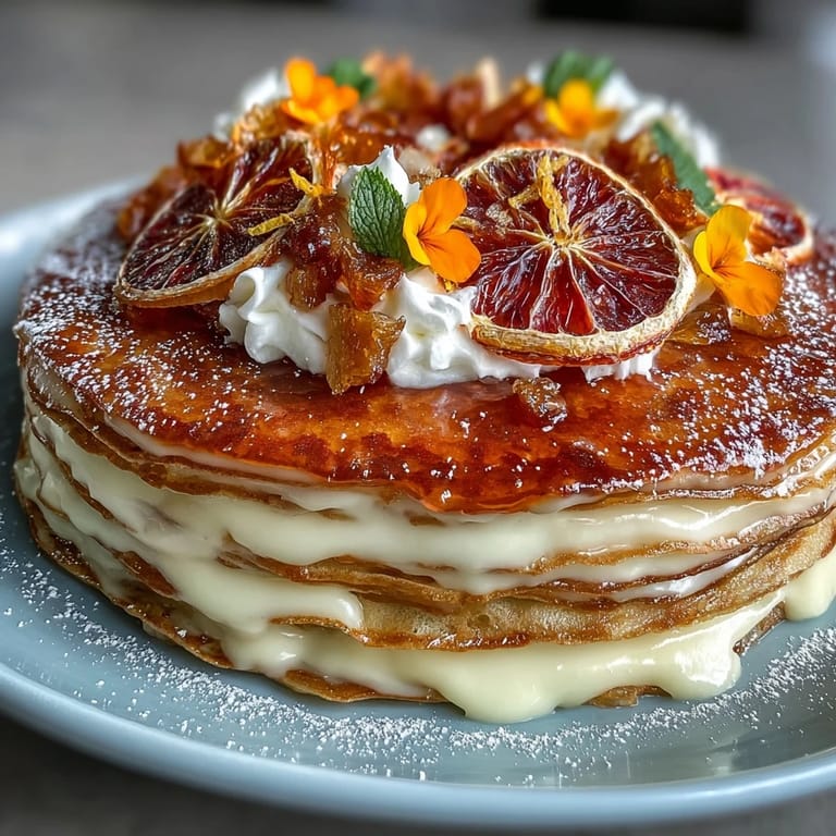 A close-up of a chilled Blood Orange Curd Crêpe Cake showcases glossy blood orange slices and edible flowers atop neat, stacked crêpe layers.