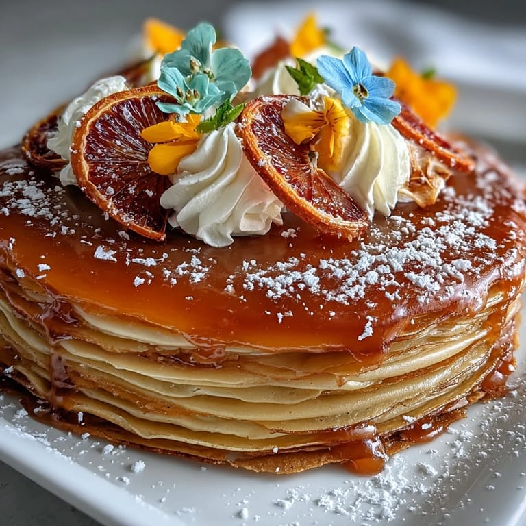 Serving a slice of Blood Orange Curd Crêpe Cake with powdered sugar dusting, perfect for a French-inspired dessert presentation on a white plate.