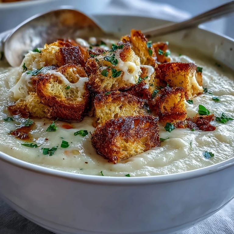A steaming bowl of Cauliflower and Broccoli Soup, featuring tender vegetables and crispy croutons on a cozy table.
