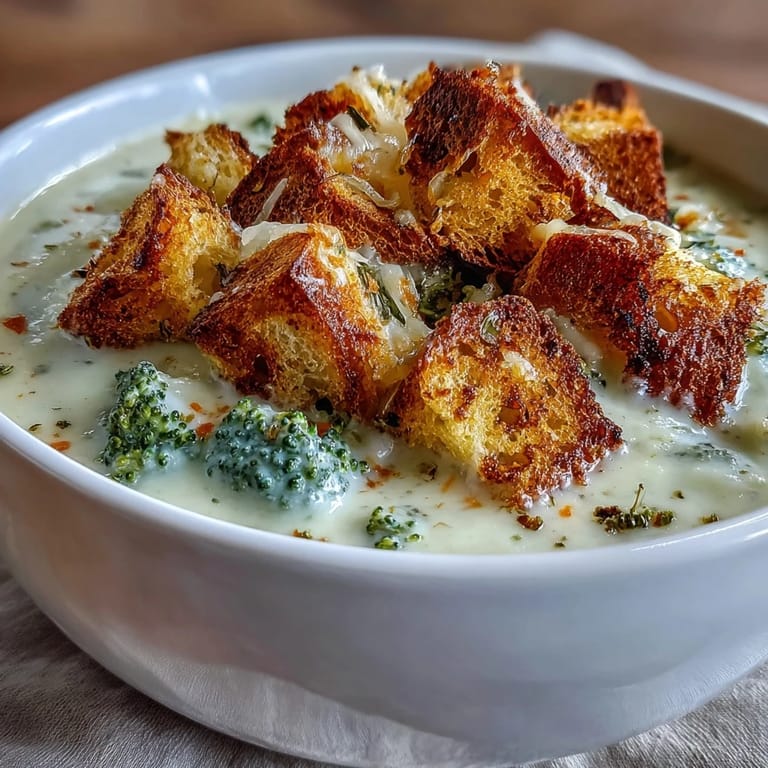 Overhead view of Cauliflower and Broccoli Soup garnished with thyme, with a spoon ready to serve.